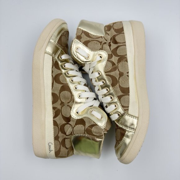 Coach Women's 8 Gold Signature C Logo Monogram High Top Canvas Sneakers - Picture 10 of 13